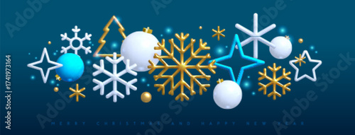 Christmas holiday blue background with 3D plastic and metallic  baubles, snowflakes or toys. Christmas greeting card, poster, banner. Vector illustration