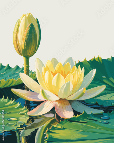 Yellow water lily with dew drops and a bud on green lily pads in water lotus flower