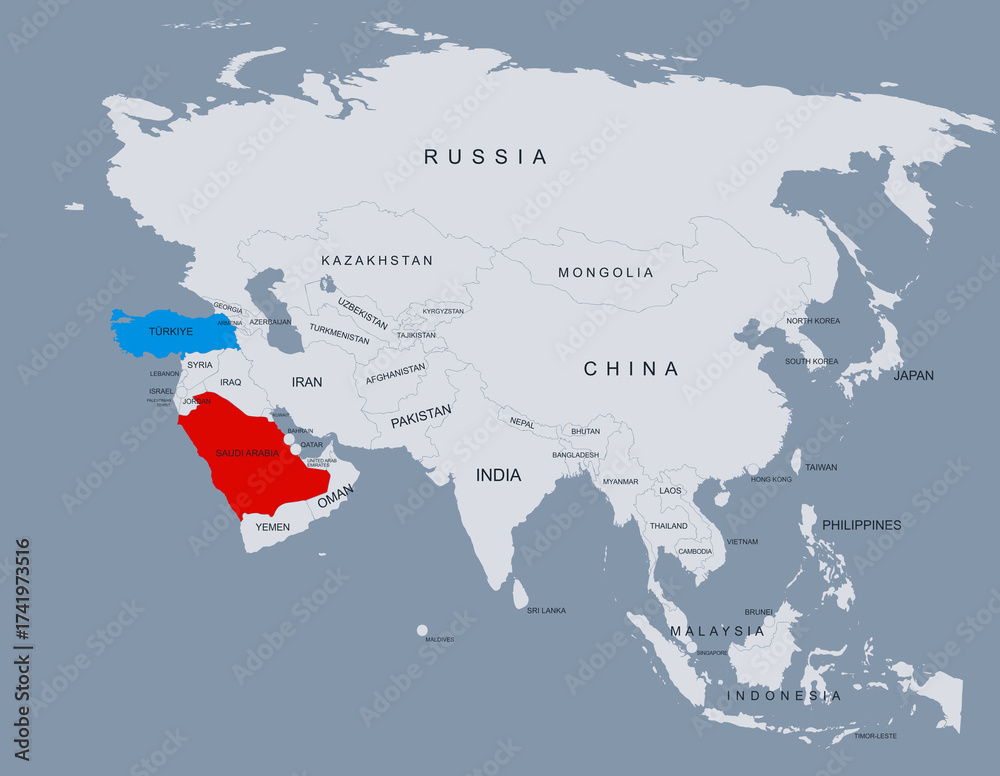 Fototapeta premium Political Map of Turkey and Saudi Arabia with Cities and Border