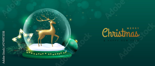 Christmas holiay snow globe with 3D golden deer statuette and Christmas tree on green background. Vector illustration