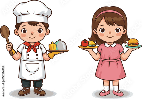 Cute cartoon boy chef holding spoon and tray with food, little girl serving burger and vegetables, happy children cooking together