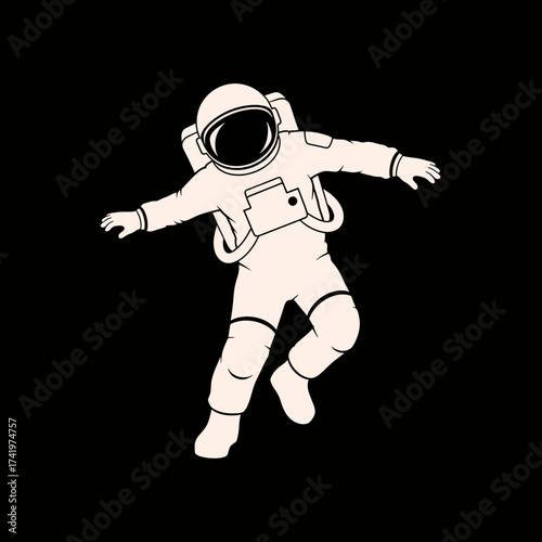 Astronaut floating in space with arms outstretched wearing a spacesuit.