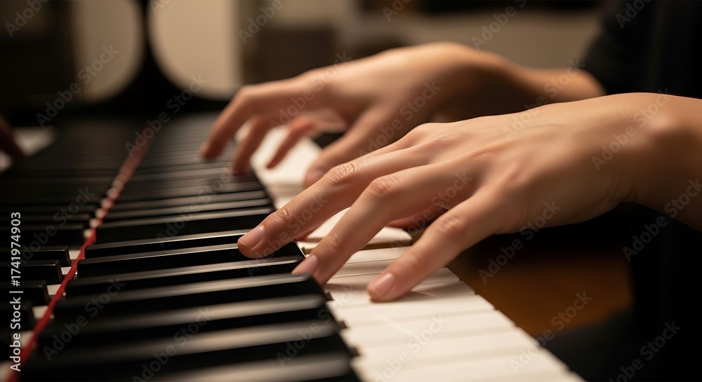 Obraz premium Fingers gracefully glide across piano keys, creating melodies ambiance