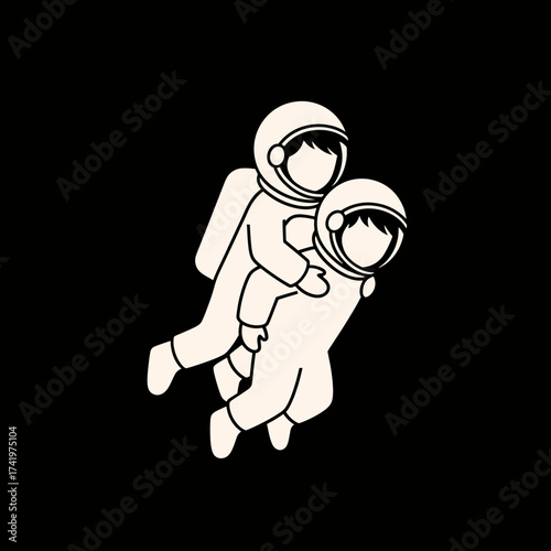 Astronauts in space one carrying another floating in zero gravity teamwork concept.