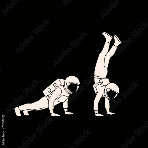 Astronauts Exercising in Space Handstand and Pushup Workout Routine.