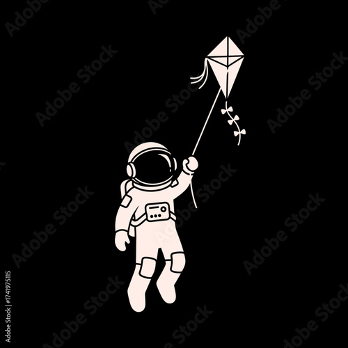 Astronaut in space with a kite floating in zero gravity playing.