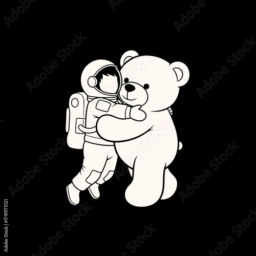 Astronaut and teddy bear hugging each other in space love and friendship.