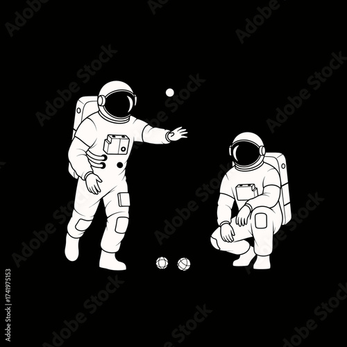 Astronauts Playing Bocce Ball in Space with Two Players and Balls.