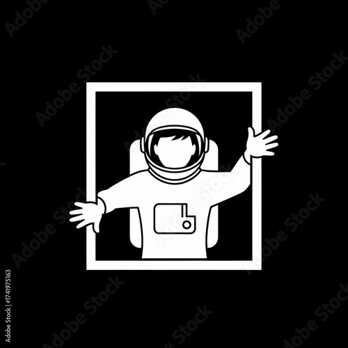 Astronaut in a square frame with arms outstretched space exploration concept.