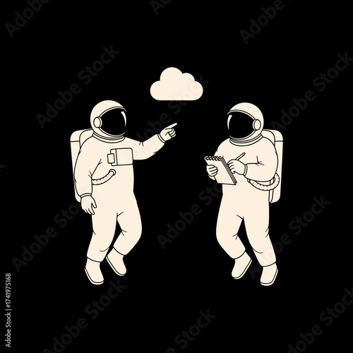 Two astronauts discussing a plan with a cloud above them in space.