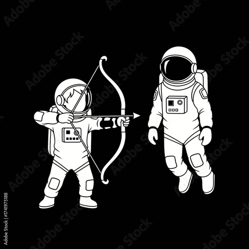 Astronaut archer aiming arrow at another astronaut in space.