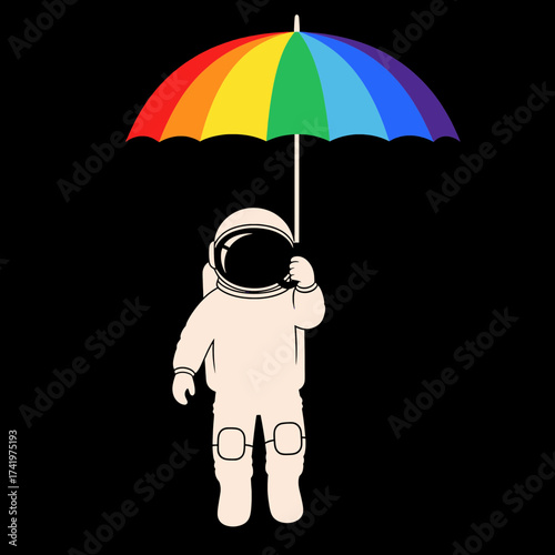 Astronaut Holding Rainbow Umbrella Against Black Background.