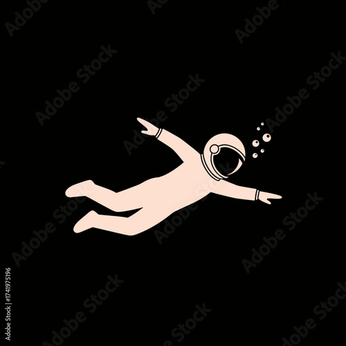 Astronaut swimming in space with bubbles space suit black background.