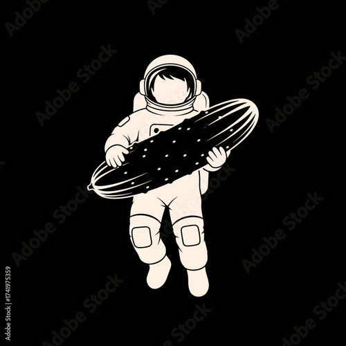 Astronaut Holding a Giant Pickle in Space Funny Illustration.