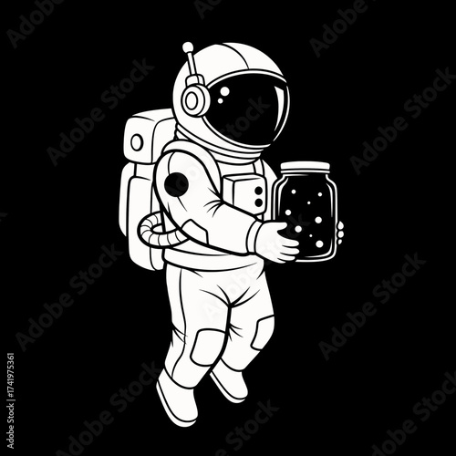 Astronaut in space holding a jar of stars cosmic illustration.