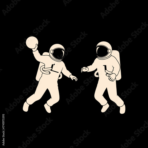 Two astronauts playing catch in space with a ball space exploration concept.