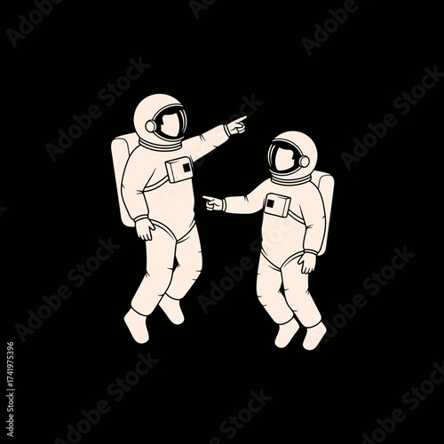 Two astronauts pointing in opposite directions in space illustration.