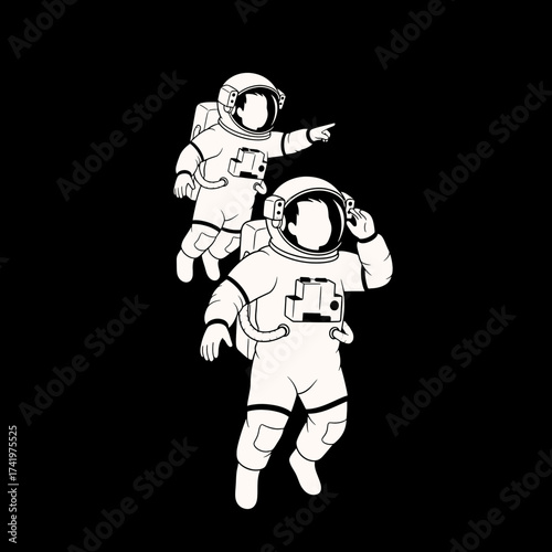 Two astronauts floating in space one pointing and the other touching his helmet.