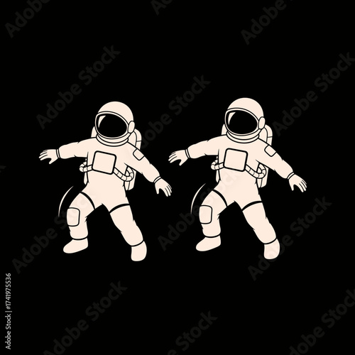 Two astronauts in space suit with arms outstretched and legs bent.