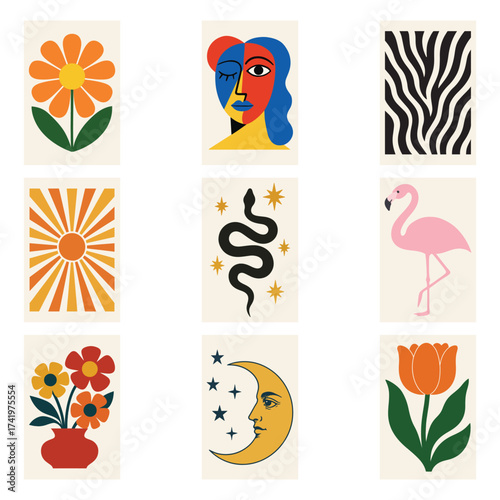 Eclectic Retro Abstract Wall Art Collection Modern Maximalist Decor Clipart Bundle