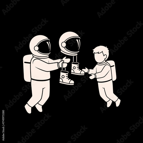 Astronauts sharing space suit equipment in a zero gravity environment.