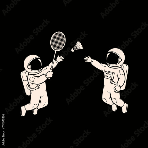 Astronauts playing badminton in space with shuttlecock and racket.
