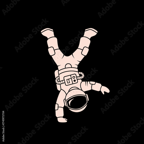 Astronaut doing a handstand in space upside down black background cartoon style.