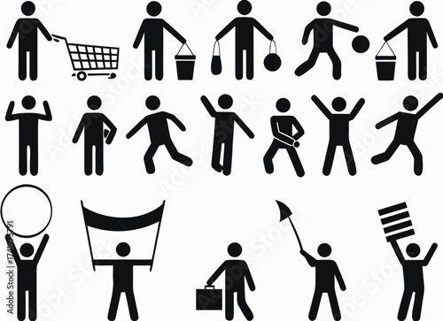 Set of human pictograms with different objects and activity illustrated on white background


