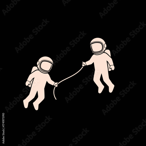 Astronauts in Space Connected by a Rope Floating in the Void.