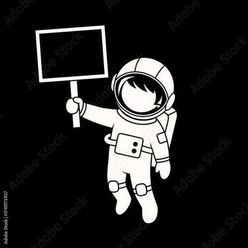 Astronaut Holding Sign in Space Isolated on Black Background.