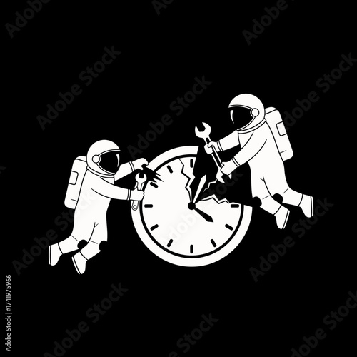 Astronauts Repairing a Broken Clock Time and Space Concept.