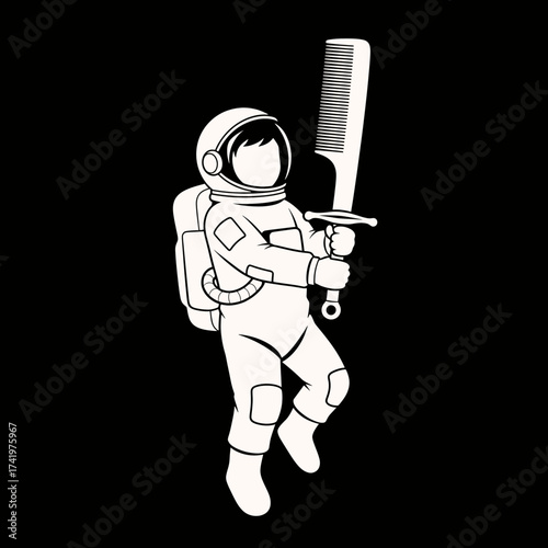 Astronaut warrior holding comb sword ready for battle in space.