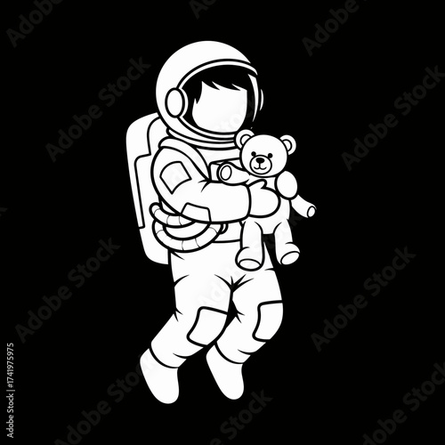 Astronaut floating in space holding a teddy bear cartoon illustration.