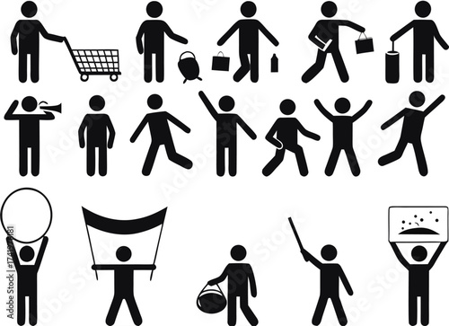 Set of human pictograms with different objects and activity illustrated on white background

