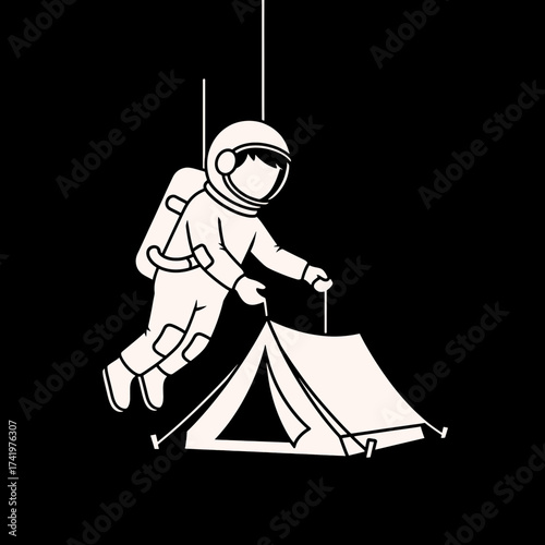 Astronaut camping on another planet setting up a tent for the night.