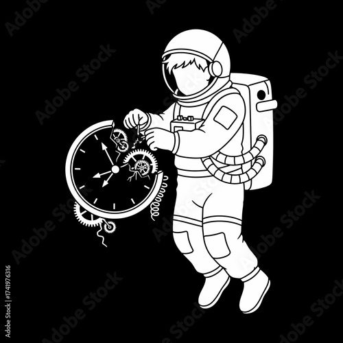 Astronaut manipulating time with gears and clock elements.