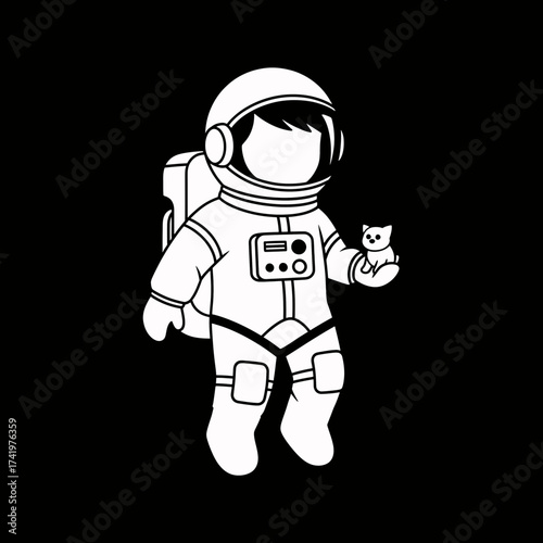 Astronaut Holding a Cat in Space Black and White Illustration.