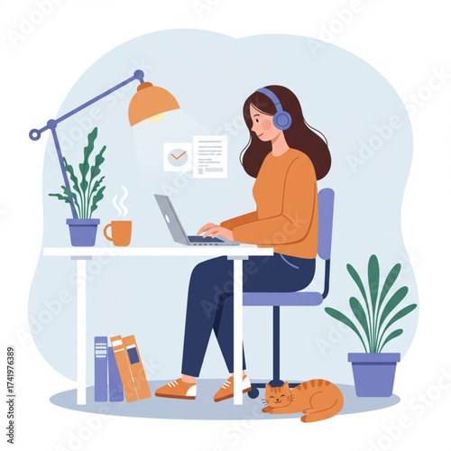 Freelancer Working from Home Vector Illustration