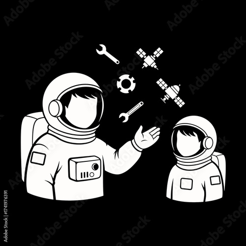 Astronauts in Space with Tools and Satellites.
