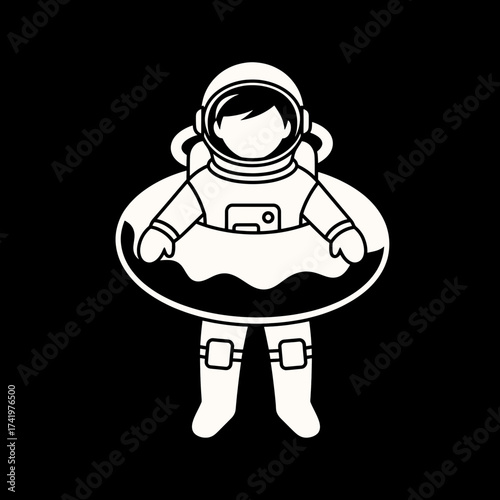 Astronaut with a life preserver in space black background white outline.