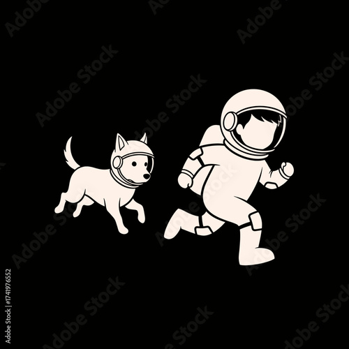 Astronaut and dog running together in space a fun cartoon illustration.