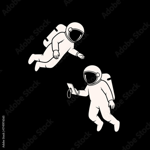Two astronauts floating in space one using a tablet device.