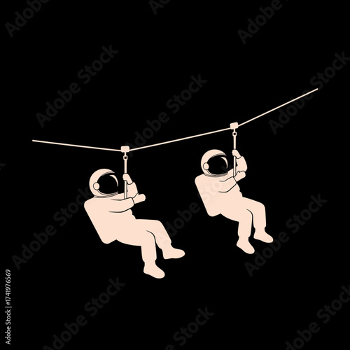 Astronauts enjoying a zip line ride in space adventure concept.