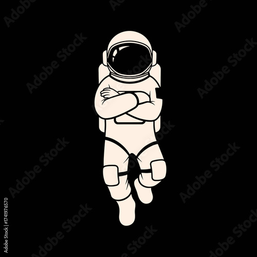 Astronaut in space suit with arms crossed floating in space.