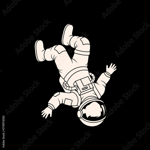 Astronaut in space suit floating in zero gravity with arms outstretched.