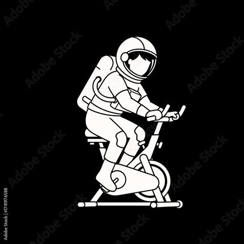 Astronaut on a stationary bike fitness in space workout concept.