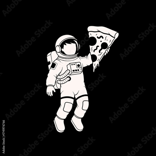 Astronaut floating in space holding a delicious pizza slice.