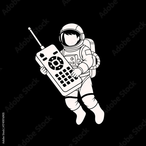 Astronaut floating in space holding a retro remote control.