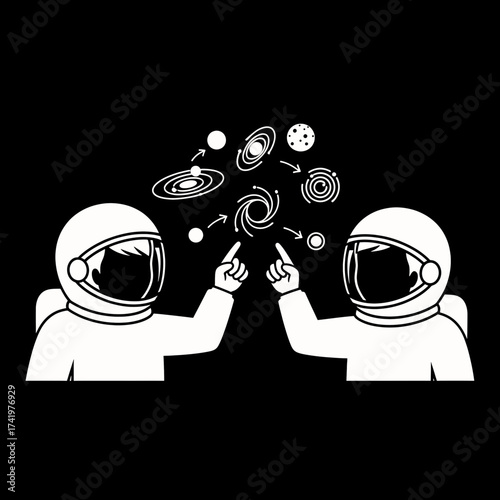 Astronauts pointing at different galaxies and planets in space science concept.