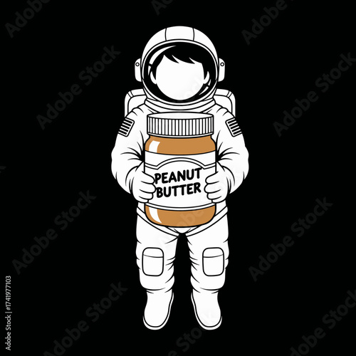 Astronaut holding a jar of peanut butter in space cartoon illustration.